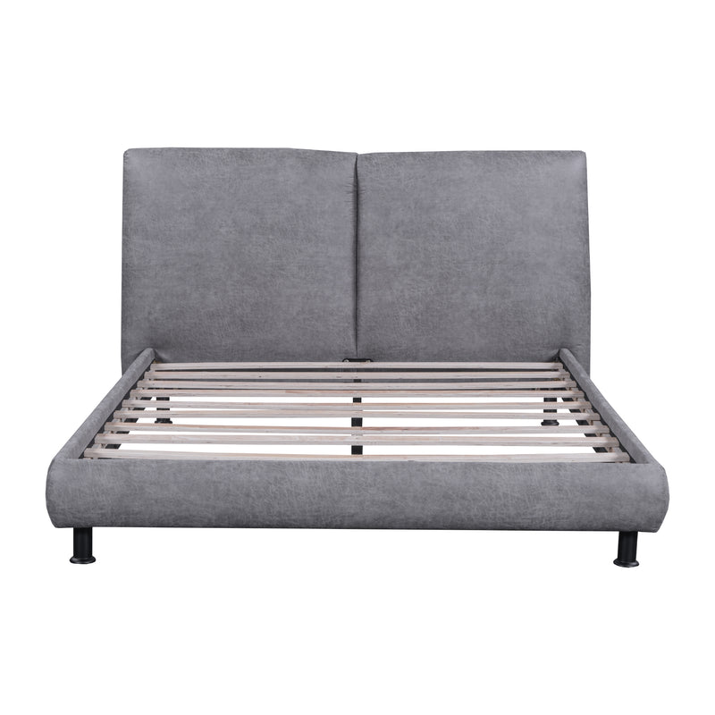 Queen Size Upholstered Platform Bed with Two Large Headrests and Thick Fabric, Polyester, Gray