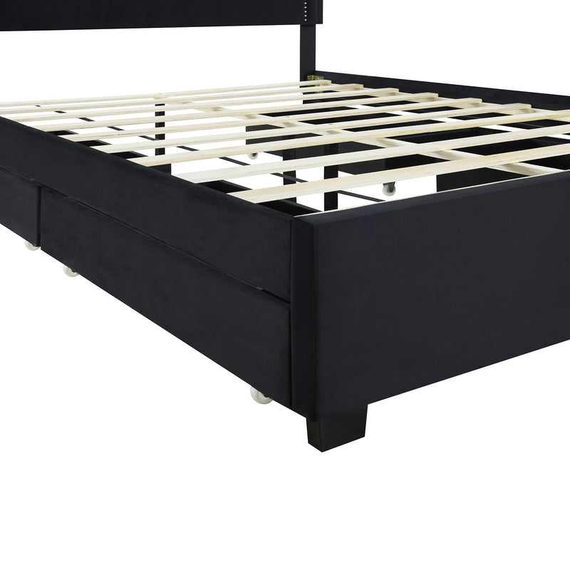 Queen Size Upholstered Platform Bed with Rivet-decorated Headboard, LED bed frame and 4 Drawers, Black