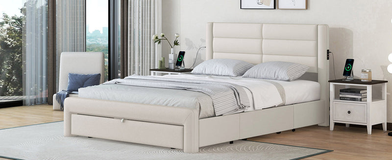 Queen Size Bed Frame with Drawers Storage, Leather Upholstered Platform Bed with Charging Station,Beige