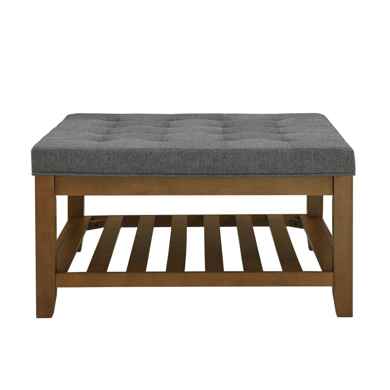 Upholstered Coffee Table Tufted Linen Large Square Ottoman with Beech Wood Shelf and Frame, Oversized Footrest Ottoman for Living Room, Dark Gray