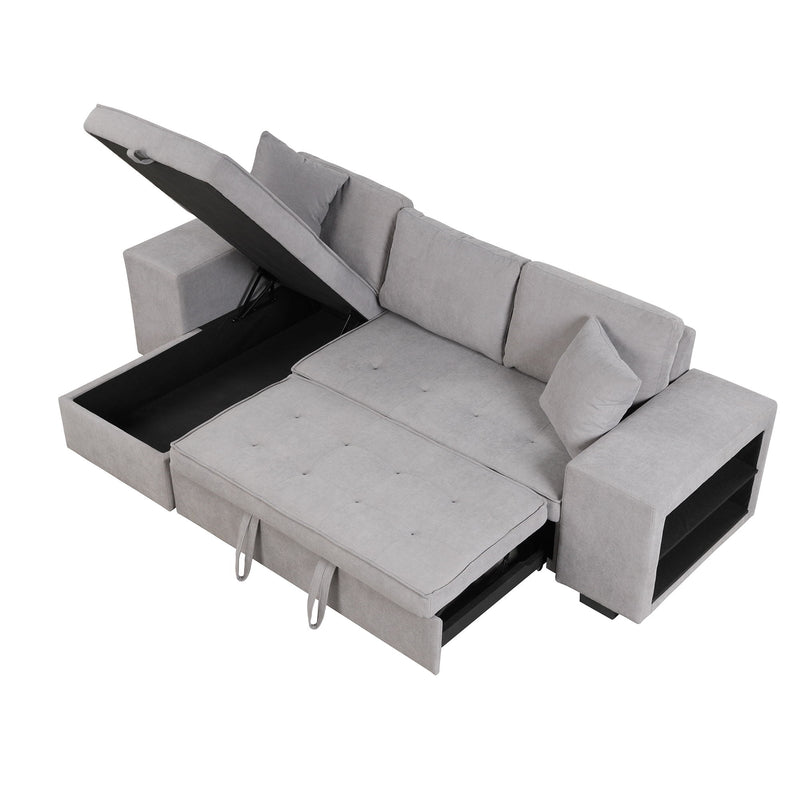 Pull Out Sleeper Sofa Reversible L-Shape 3 Seat Sectional Couch With Storage Chaise And 2 Stools For Living Room Furniture Set - Gray