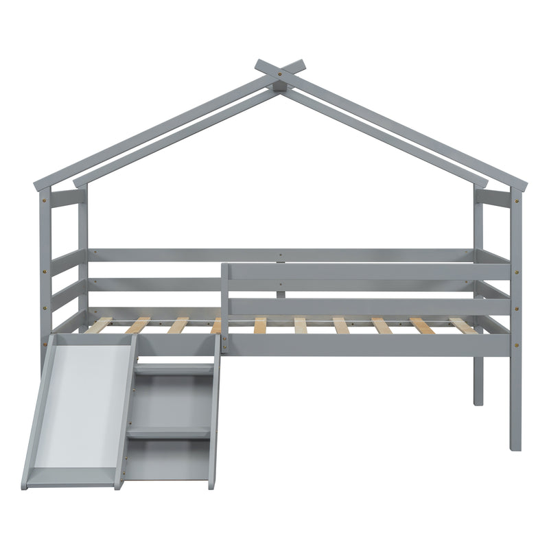 Twin Low Loft House Bed with Slide,  Ladder, Safety Guardrails, House Roof Frame,Grey