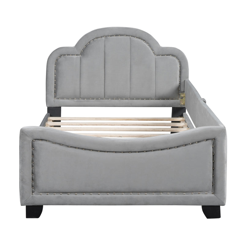 Twin Size Upholstered Daybed with Cloud Shaped Headboard, Embedded Elegant Copper Nail Design, Gray