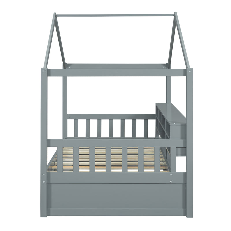 Twin Size Wooden House Bed with Shelves and a Mini-cabinet, Gray