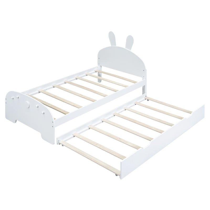 Wood Twin Size Platform Bed with Cartoon Ears Shaped Headboard and Trundle, White