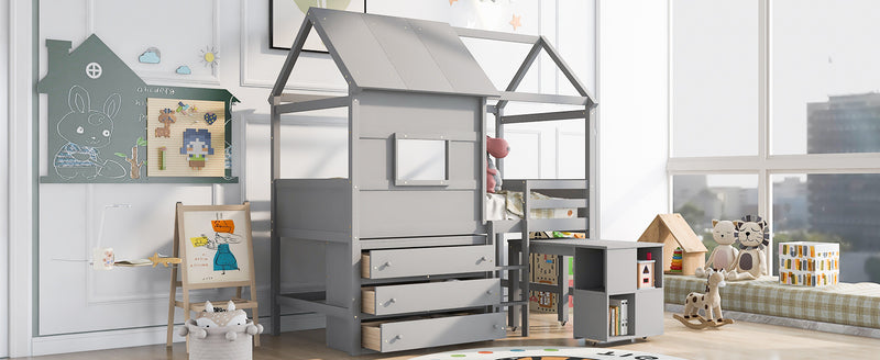 Twin Size House Loft Bed with Storage Desk and 3 Drawer Chest, Gray