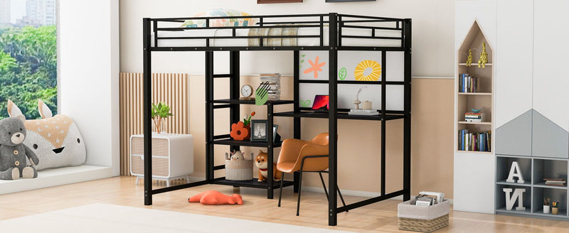 Loft Bed With Desk And Whiteboard, Metal Loft Bed With 3 Shelves And Ladder