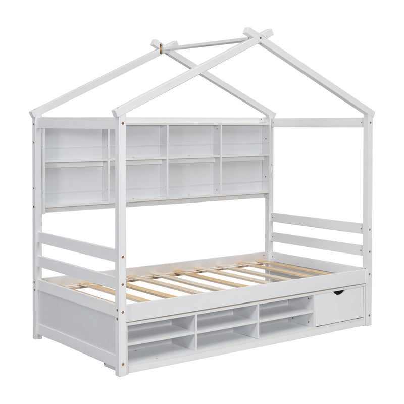 House Bed With Roof Frame, Bedside-Shelves, Under Bed Storage Unit