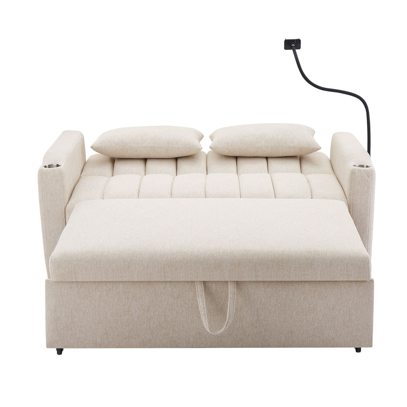 Convertible Sofa Bed Loveseat Sofa With Three USB Ports, Two Side Pockets, Two Cup Holders And 360° swivel Phone Holder For Living Room