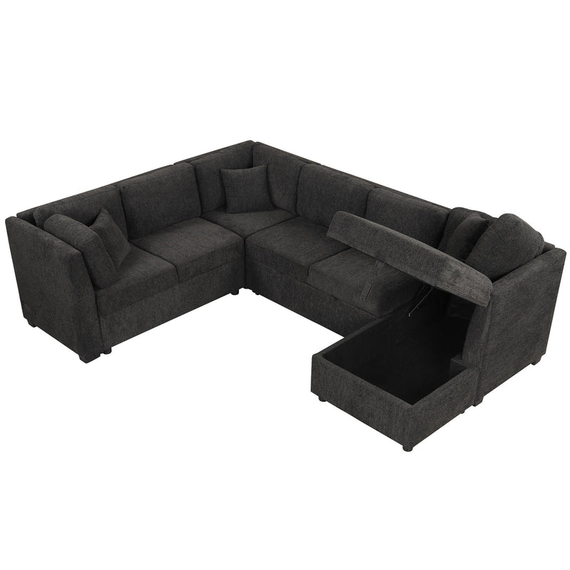 U-Shaped Sectional Sofa Pull Out Sofa Bed With Two USB Ports, Two Power Sockets, Three Back Pillows And A Storage Chaise For Living Room