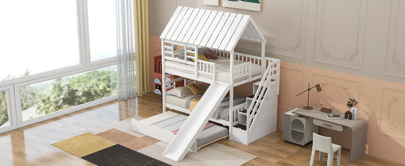 Twin over Twin House Bunk Bed with Trundle and Slide, Storage Staircase, Roof and Window Design, White(Old SKU: GX000931AAK)