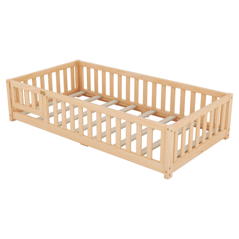 Twin Size Bed Floor Bed with Safety Guardrails and Door for Kids, Natural