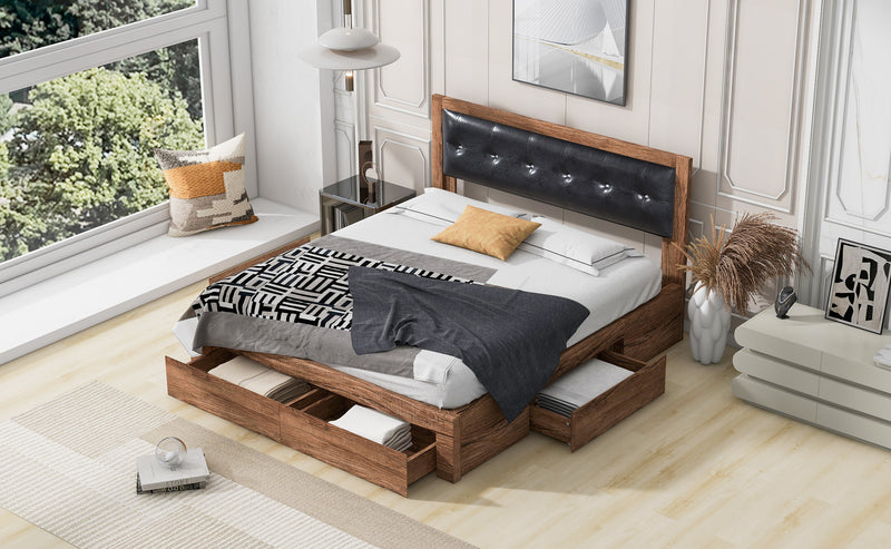 Queen Size Wood Platform Bed with Upholstered Headboard and 4 Drawers