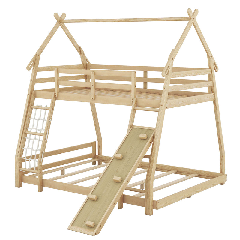 Twin Over Queen House Bunk Bed With Climbing Nets And Climbing Ramp