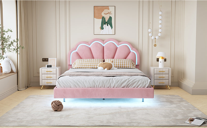 Queen Upholstered Smart LED Bed Frame with Elegant Flowers Headboard,Floating Velvet Platform LED Bed with Wooden Slats Support,Pink