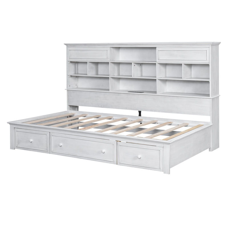 Twin Size Wood Daybed with Multi-Storage Shelves, Charging Station and 3 Drawers, Antique White