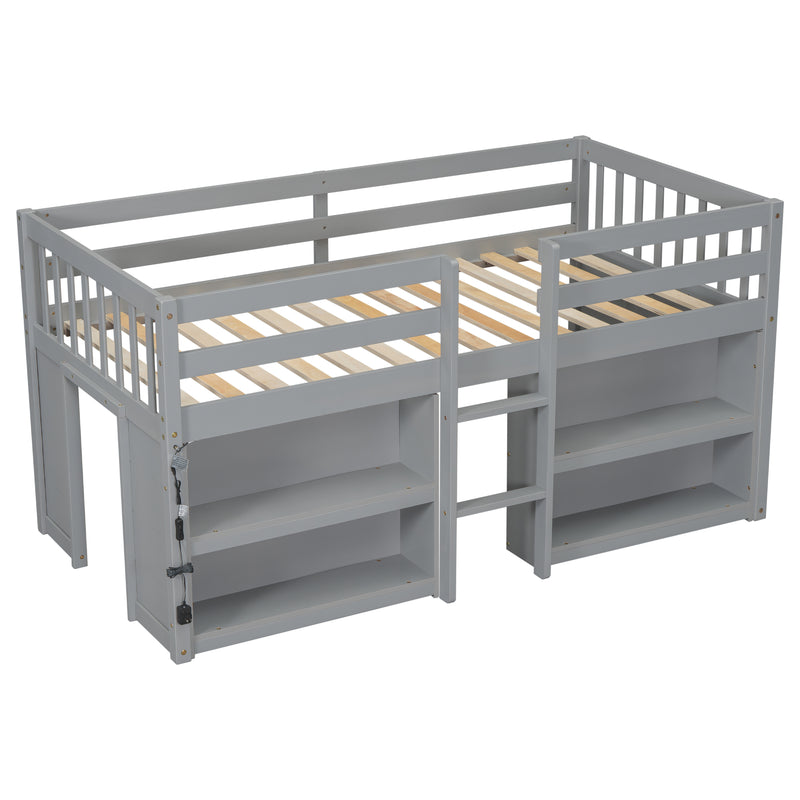 Twin Size Kid Low Loft Bed With Two-Tier Shelves And LED Light For Grey Color