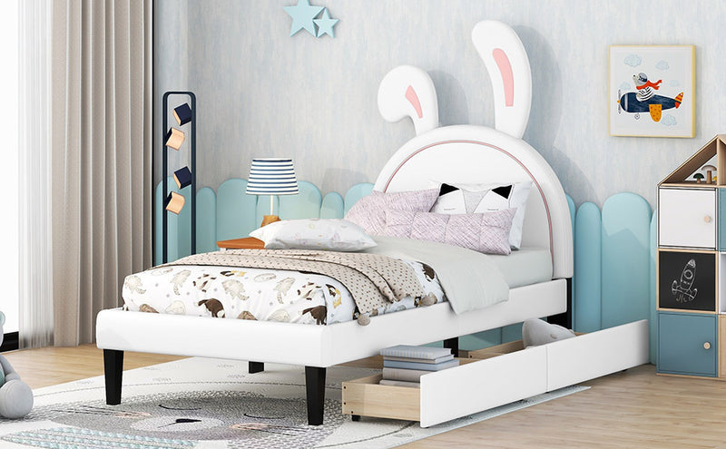 Twin Size Upholstered Leather Platform Bed with Rabbit Ornament and 2 Drawers, White