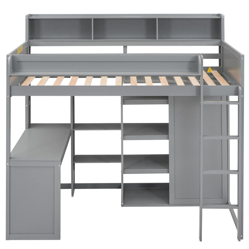 Wood Twin Size Loft bed with Multiple Storage Shelves and Wardrobe, Gray