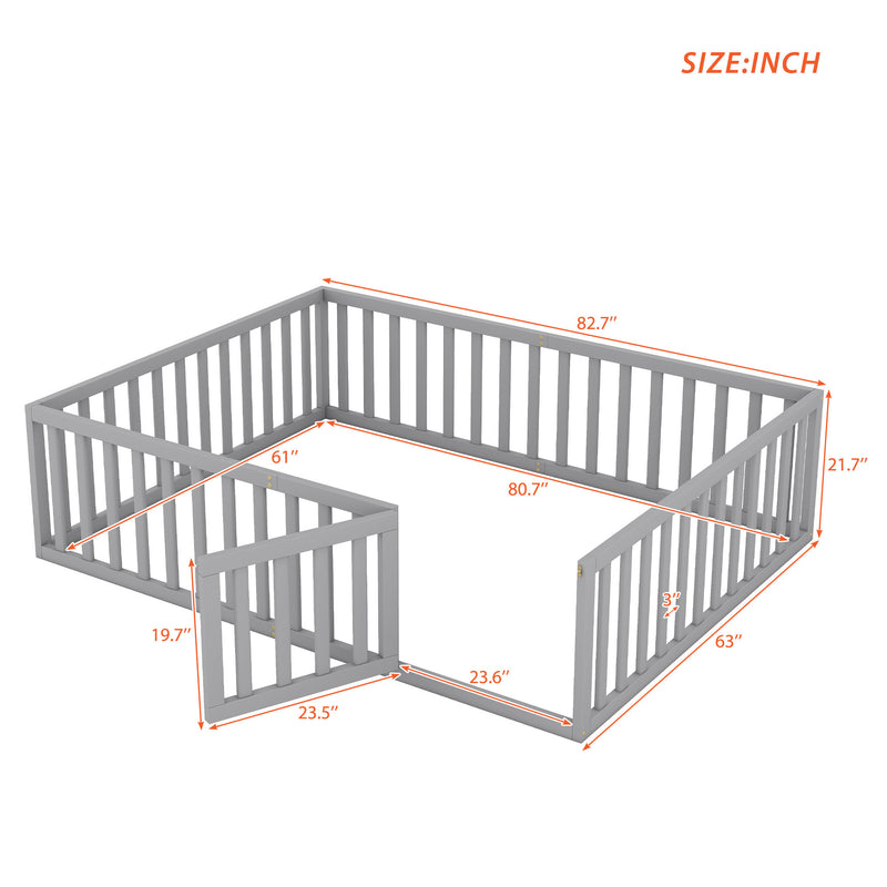 Queen Size Wood Floor Bed Frame with Fence and Door, Gray(OLD SKU:WF289663AAE)