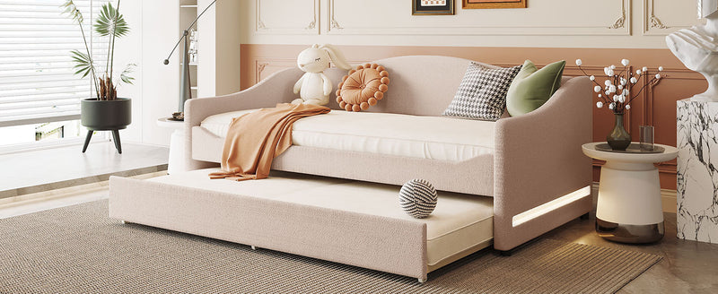 Teddy Fleece Twin Size Upholstered Daybed with Light and Trundle, Beige