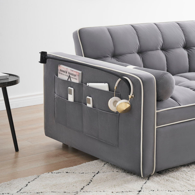 Modern Convertible Sleeper Sofa Couch With Pull Out Bed With Pillows & Side Pockets For Small Space, Living Room