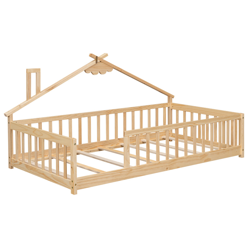 Twin House-Shaped Bedside Floor Bed with Guardrails, Slats, without Door ,Natural