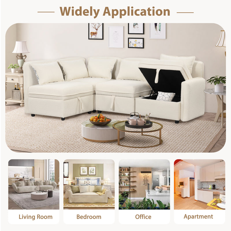 122.8" Convertible Modular Minimalist Sofa Free Combination 4 Seater Sofa Chenille Fabric Sectional sofa with 5 Pillows for Living Room, Office, Apartment, Small Space, Cream