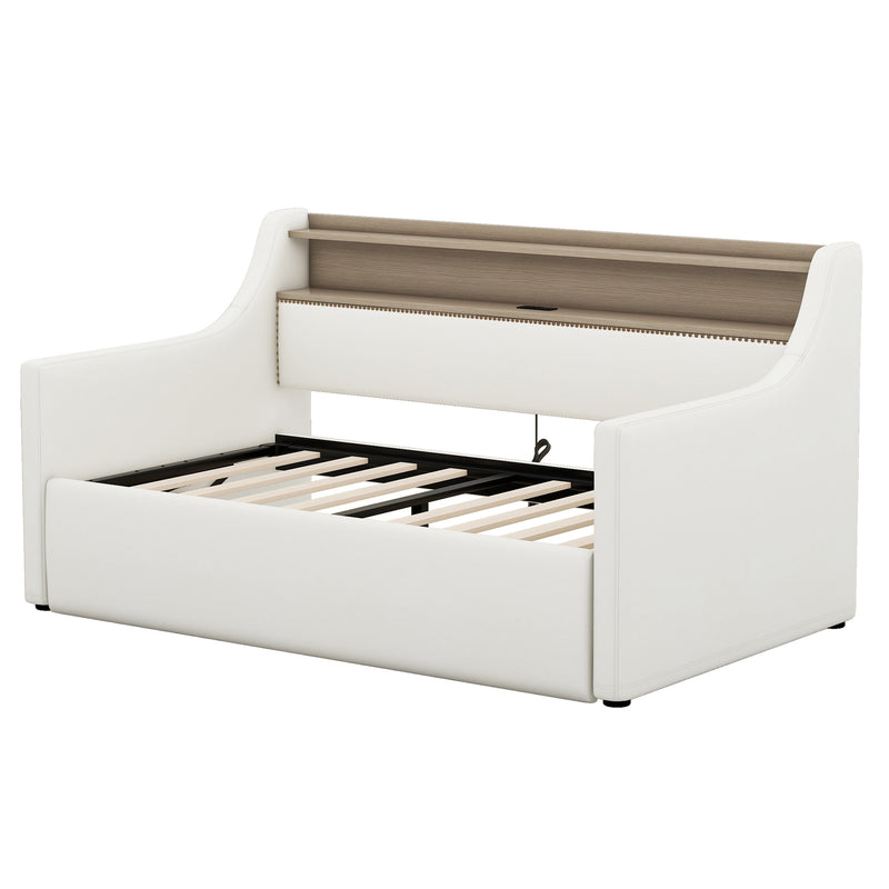 Twin Size Daybed with Hydraulic Storage, Upholstered Daybed with Lift Up Storage, Twin Leather Daybed with Charging Station and LED Lights,White(Expect arrival date Feb.13rd)