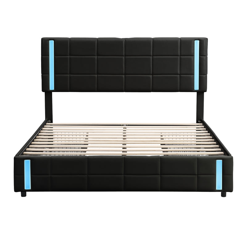 Queen Size Upholstered Platform Bed with LED Lights and USB Charging, Storage Bed with 4 Drawers, Black(Old SKU:WF302558AAB)