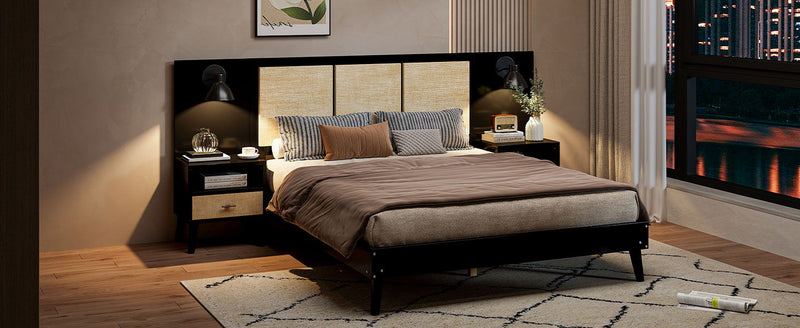 Solid Wood Bed Frame With 2 Nightstands, Elegant Design With Lamps, Rattan And Wood Combination