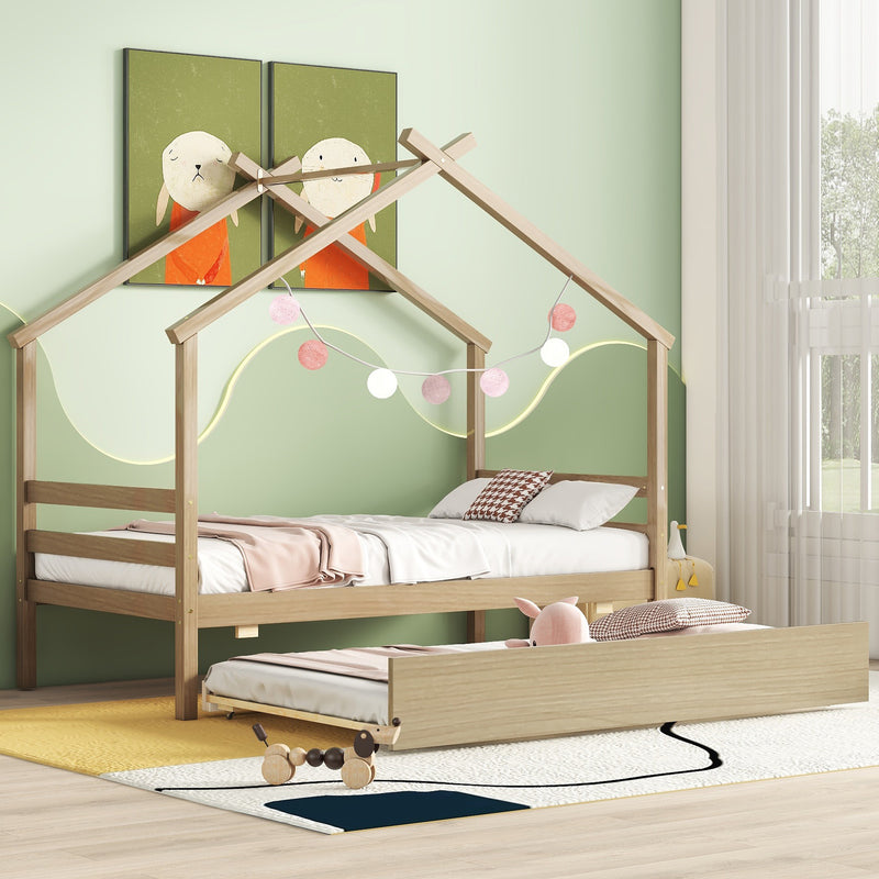 Twin Size  House-shaped Bed with Trundle,Natural