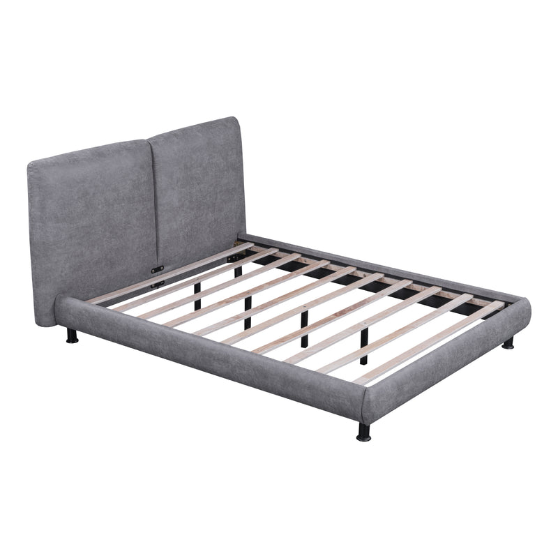 Queen Size Upholstered Platform Bed with Two Large Headrests and Thick Fabric, Polyester, Gray