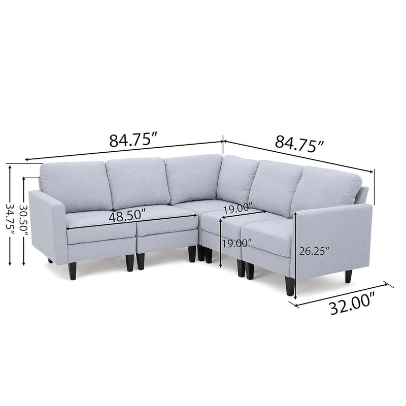 Comfy 5 Pieces L Shaped Sofa With Wooden Legs, Modern Side Chairs For Living Room