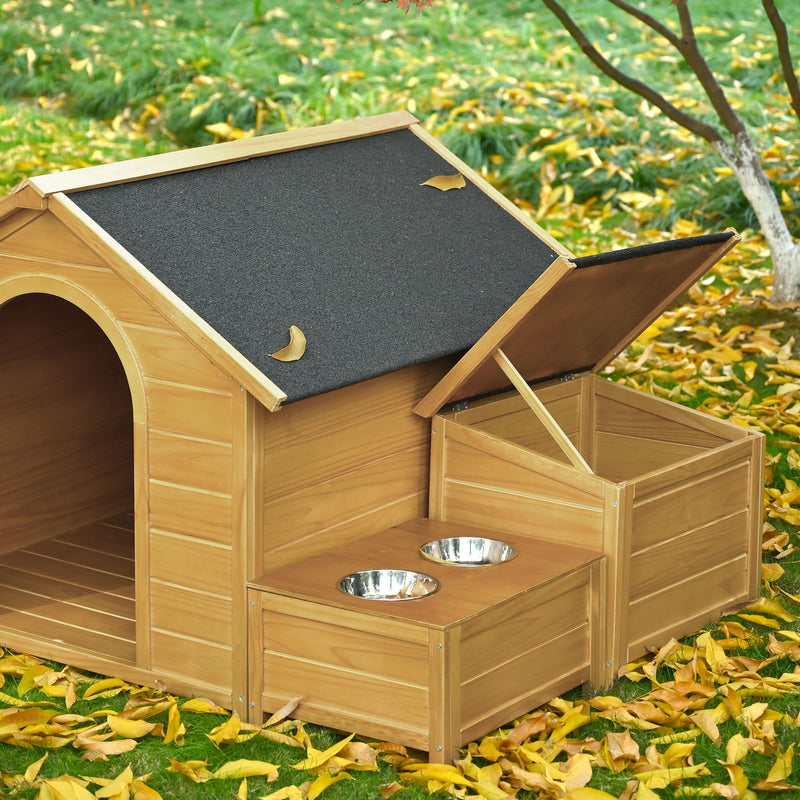 Large Size Wooden Dog House, Dog Crate For Large Dog Breeds, Cabin Style Raised Dog Shelter With Asphalt Roof, Solid Wood, Weatherproof - Nature