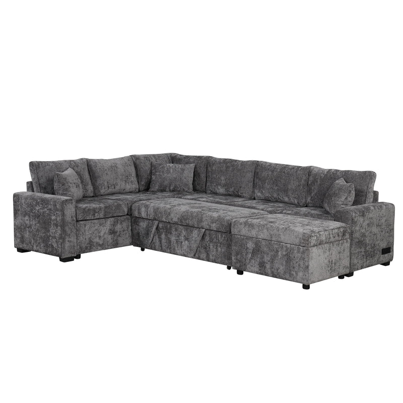 Sectional Sofa Pull-Out Sofa Bed Sleeper With A Storage Ottoman, Three Pillows And Charging Devices For Living Room