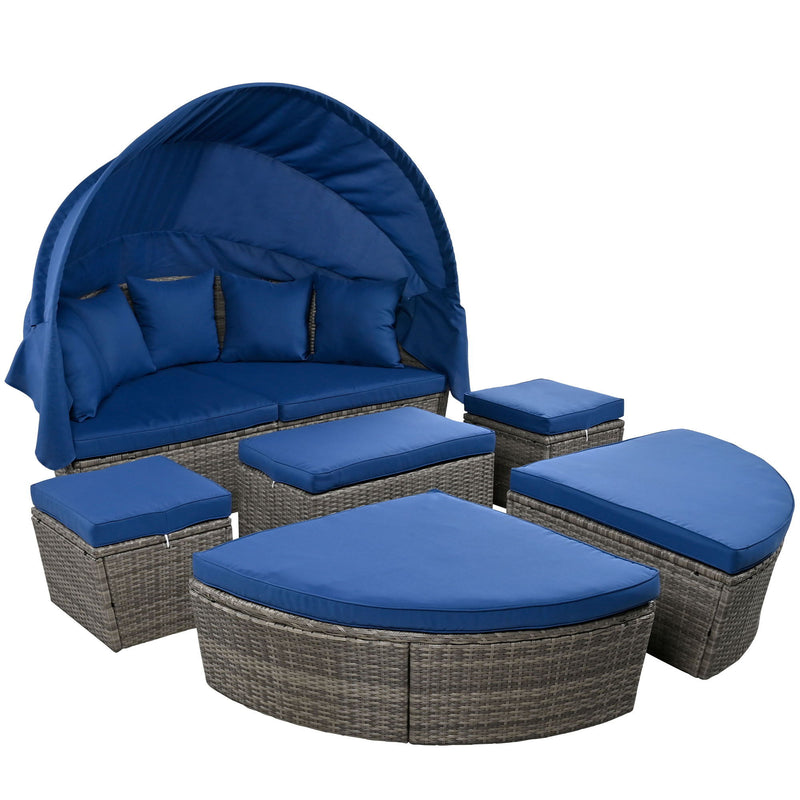 Outdoor Rattan Daybed Sunbed With Retractable Canopy Wicker Furniture, Round Outdoor Sectional Sofa Set - Black Wicker Furniture Clamshell Seating With Washable Cushions, Backyard, Porch