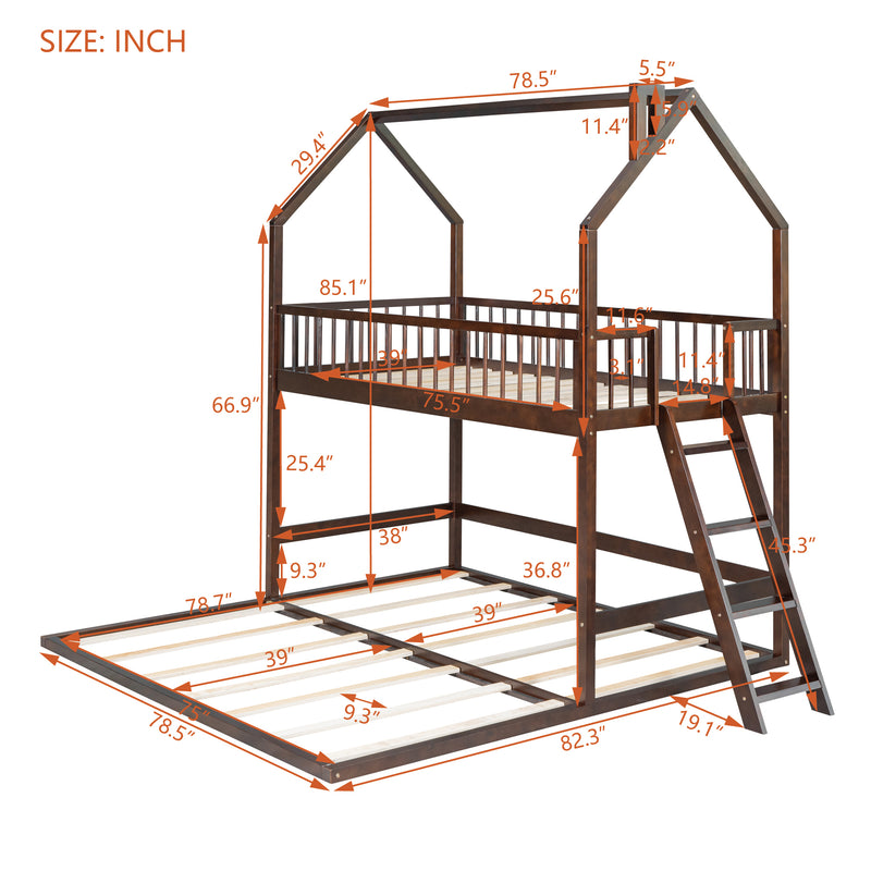 Twin Over Twin-Twin House Bunk Bed with Extending Trundle and Ladder