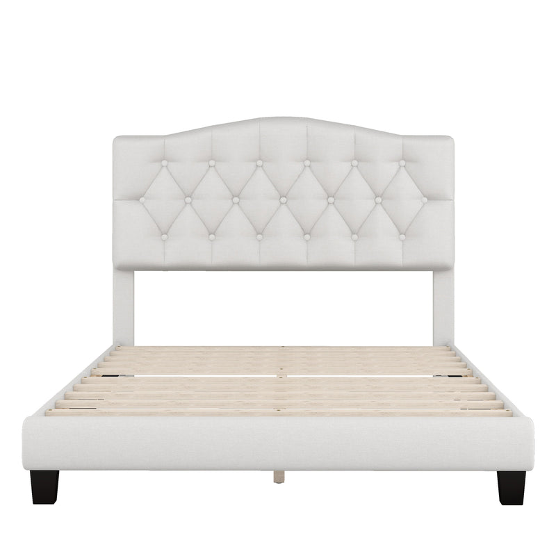 Upholstered Platform Bed with Saddle Curved Headboard and Diamond Tufted Details, Full, Beige