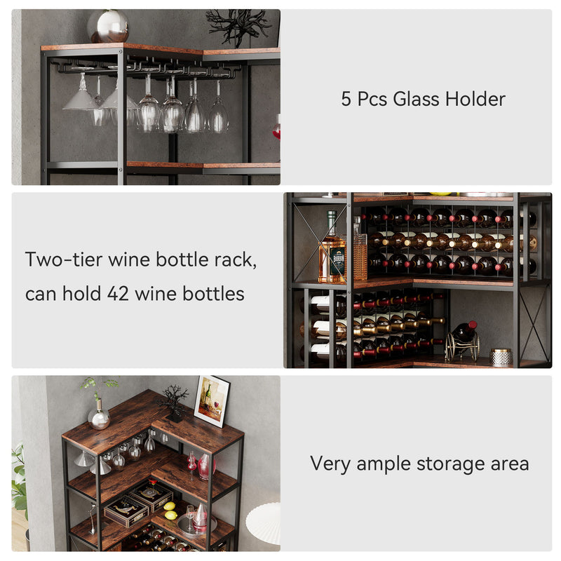 Corner Wine Rack Bar Cabinet Industrial Freestanding Floor Bar Cabinets For Liquor And Glasses Storage For Home Kitchen - Walnut / Black