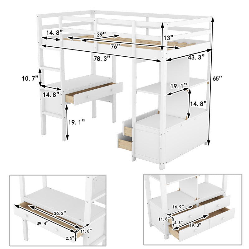 Twin  Size Loft Bed with Built-in Desk with Two Drawers, and Storage Shelves and Drawers,White