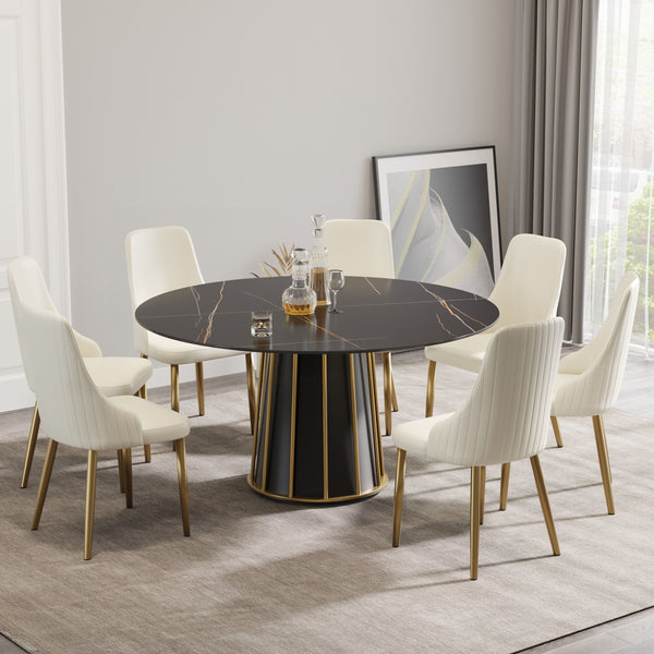 Modern Artificial Stone Round Metal Iron Base Dining Table, Can Accommodate 8 People, (Not Including Chairs) - Black