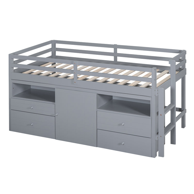 Twin Size Loft Bed with 4 Drawers, Underneath Cabinet and Shelves, Gray