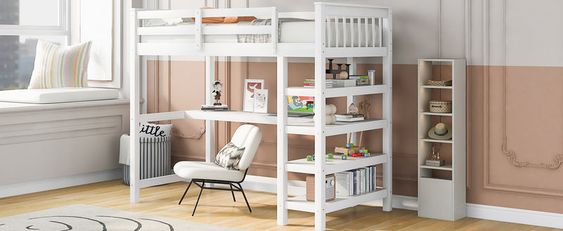 Twin Size Loft Bed with Storage Shelves and Under-bed Desk, White