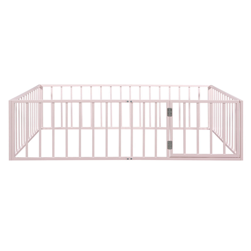 Metal Floor Bed Frame With Fence And Door - Black