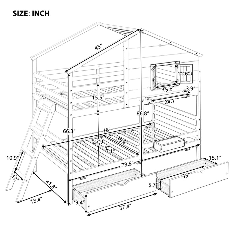 Twin over Twin Bunk Bed with 2 Drawers, 1 Storage Box, 1 Shelf, Window and Roof-White(OLD SKU:LT000608AAK)