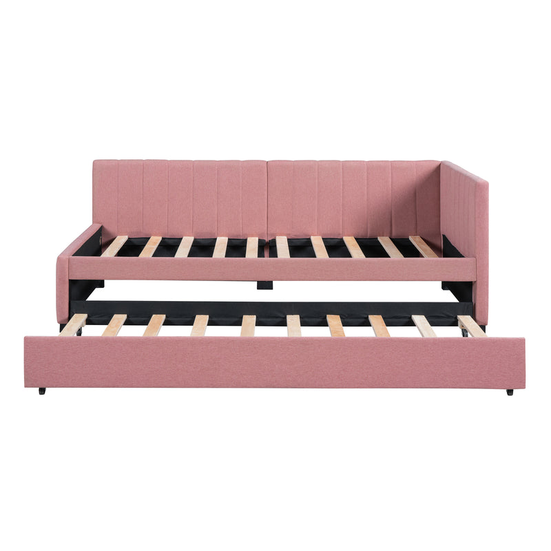 Upholstered Daybed with Trundle Twin Size Sofa Bed Frame No Box Spring Needed, Linen Fabric(Pink)