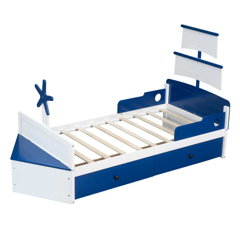 Twin Size Boat-Shaped Platform Bed with 2 Drawers ,Twin Bed with Storage for Bedroom,Blue