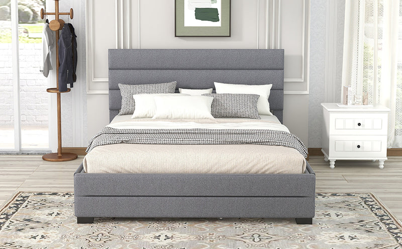 Queen Upholstered Platform Bed with Twin Size Trundle and Two Drawers,Grey