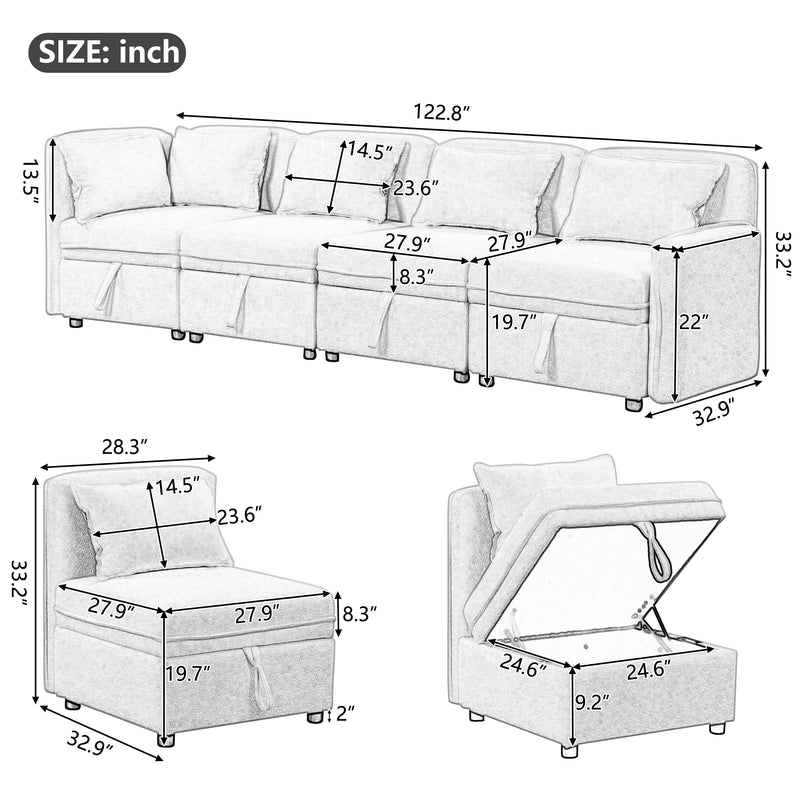 122.8" Convertible Modular Minimalist Sofa Free Combination 4 Seater Sofa Chenille Fabric Sectional sofa with 5 Pillows for Living Room, Office, Apartment, Small Space, Cream